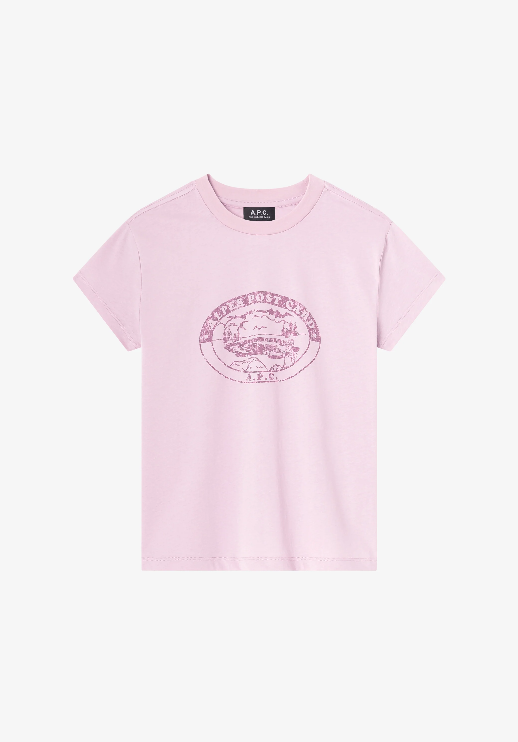 Pink t-shirt with vintage-effect camping logo